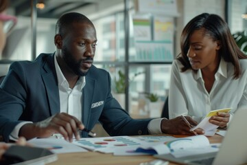 Poster - Couple reviewing documents over coffee