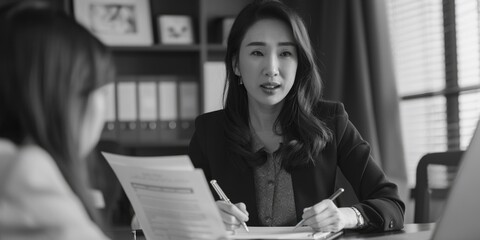 Poster - A woman sits at a table with a laptop and papers, focused on her work