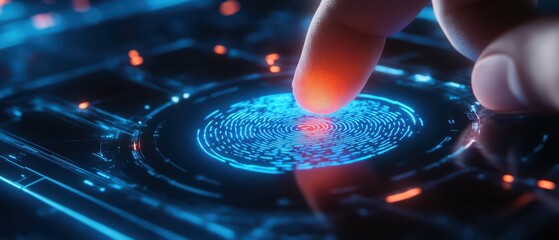 Poster - A close-up view of a finger touching a digital fingerprint scanner, showcasing advanced technology and biometric security.