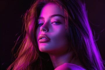 Poster - A woman with long hair illuminated by a purple light source, suitable for use in mystical or spiritual themes