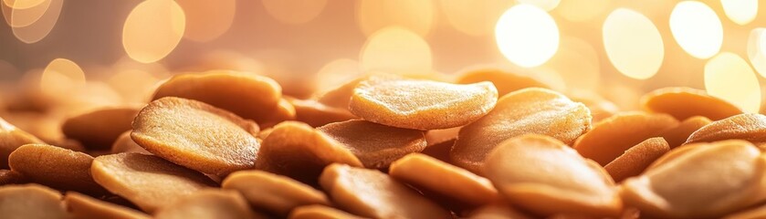 Close-up of roasted seeds on a warm, blurred background, showcasing their texture and color, perfect for culinary and health-related themes.