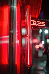 Aufkleber - A bright red neon sign hangs from the side of a building, illuminating the night with its vibrant color