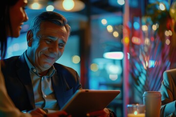 Aufkleber - A pair of people working together on a tablet, possibly for work or personal projects