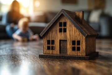 Canvas Print - Wooden House Model with Blurred Family in Background