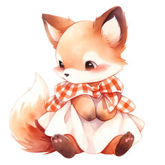 A cute little fox is holding a basket of flowers