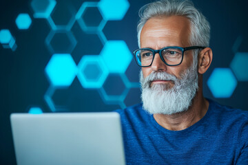 Poster - A thoughtful senior man with a beard and glasses looks intently at his laptop.