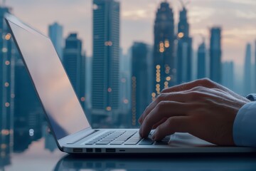 A focused individual working on a laptop against a modern city skyline at sunset, highlighting productivity and connectivity.