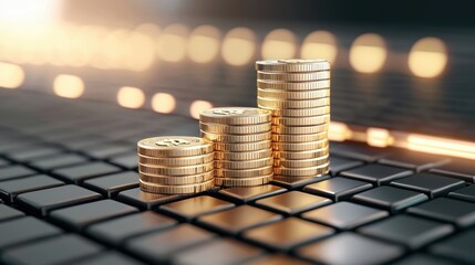 Wall Mural - Golden Coins Stacked on Black Keyboard