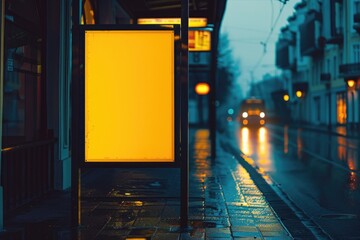Aufkleber - A bus stop on a busy city street at night, with rain pouring down