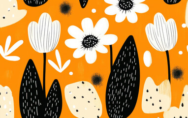 Poster - Bold botanical pattern with black and white flowers on vibrant orange background, featuring tulips and daisies, modern artistic style.