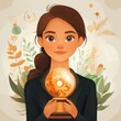 © KN Studio - The Visionary Leader: A captivating illustration of a confident businesswoman holding a golden globe trophy, symbolizing her innovative ideas and strategic leadership. The intricate gears within the g