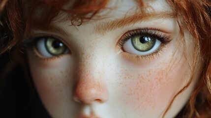 Poster - Close-Up Portrait of a Doll with Green Eyes and Freckles