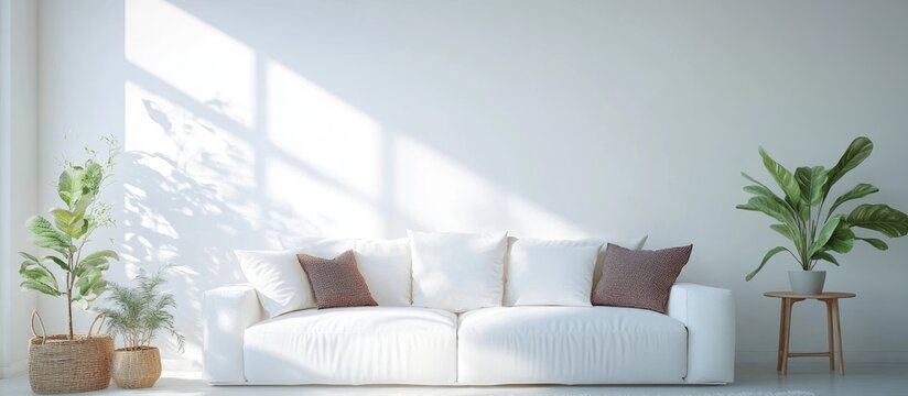 Modern living room featuring a sofa showcasing Scandinavian interior design in a bright white setting 3D rendering illustration