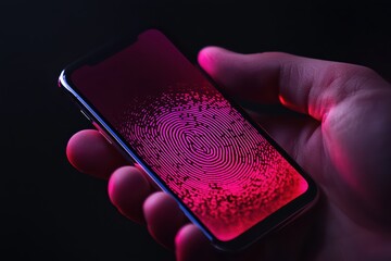 Poster - A hand holding a smartphone displaying a vibrant fingerprint pattern, symbolizing technology and security in a modern digital world.