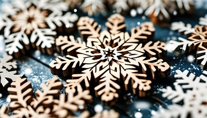 Wall Mural - Intricate Close-Up of Handmade Wooden Snowflake Patterns for Winter Holidays Decor and Greeting Card Design