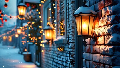 Enchanting winter street with lanterns illuminating snow-covered brick houses, capturing the festive spirit of Christmas and New Year magic