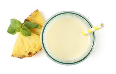 Wall Mural - Tasty pineapple smoothie in glass, slices of fresh fruit and mint isolated on white, top view