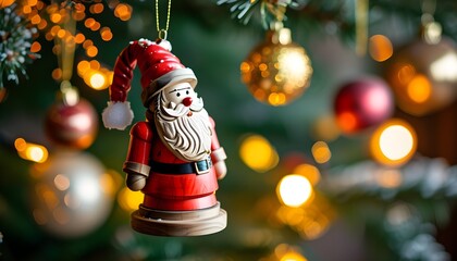 Festive wooden Santa Claus adorned with holiday lights, perfect for greeting cards, posters, or cheerful wallpapers celebrating Christmas and New Years joy.