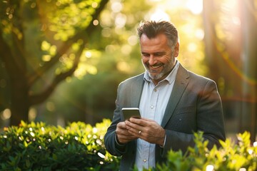 Aufkleber - A businessman looks at his cell phone on the go, perfect for a corporate or urban scene