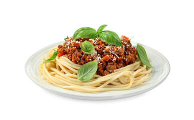 Wall Mural - Delicious pasta bolognese with basil isolated on white