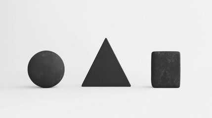 Poster - Minimalist black geometric shapes, circle, triangle, and rectangle, against a white background, showcasing modern design and simplicity.