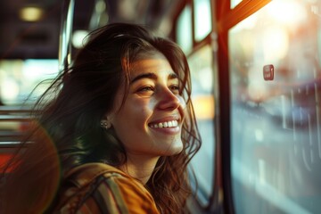 Poster - A woman smiles as she rides a public bus