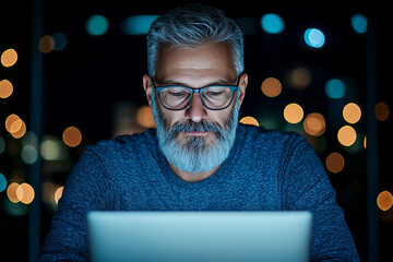 Poster - A man working late at night on his computer.