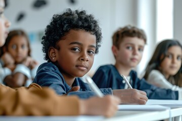 Wall Mural - Children sitting at a table in a school setting, ideal for education and learning themes