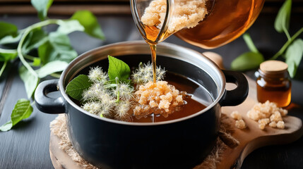 Sticker - Herbal tea being prepared in a pot with fresh green leaves, delicate white flowers, and crystalline sugar being poured from a jar, with a rustic background.