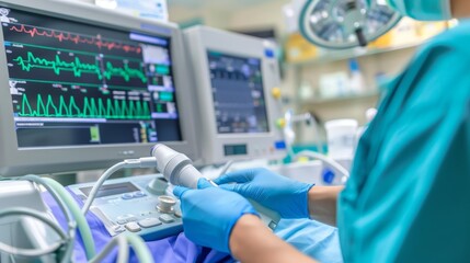 Close-up of a medical professional using a high-tech diagnostic tool, clean and modern clinic environment