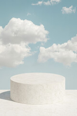 Poster - Minimalist white stone podium against a clear blue sky background with fluffy clouds, perfect for showcasing products or presentations.