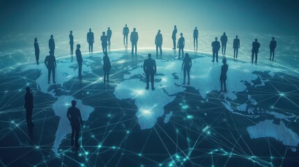Wall Mural - 3D rendering of a world map with a global network and business people silhouettes connecting on a blue background, an online social media technology concept for internet communication.