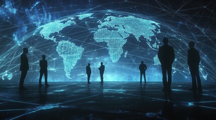 Wall Mural - 3D rendering of a world map with a global network and business people silhouettes connecting on a blue background, an online social media technology concept for internet communication.
