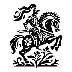 Wall Mural - knight riding horse male with folk art decoration in black and white illustrations, cutout graphic m