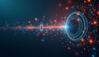 Poster - tech-themed materials feature glowing blue and red circles and dots, creating depth and movement on 