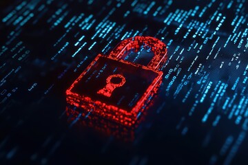 Poster - A vibrant digital illustration of a red padlock secured against a backdrop of binary code, symbolizing cybersecurity and protection.