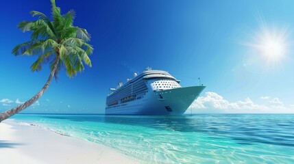 A serene beach scene with a blue sky, calm sea, cruise ship, and palm tree conveys leisure, beauty, and harmony between nature and human innovation.