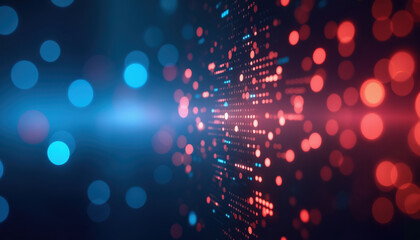 Poster - Abstract Blue and Red Bokeh Lights: A background filled with blue and red bokeh lights, representing the intersection of technology and data in a digital world.