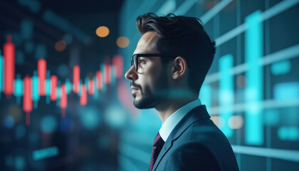 Poster - Businessman Analyzing Stock Data in High-Tech Environment: A businessman analyzing stock data in a high-tech environment, representing real-time market analysis and decision-making.