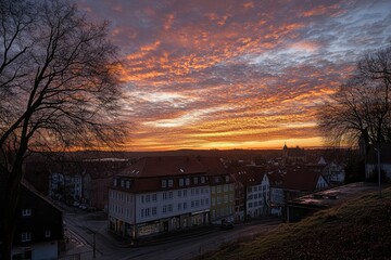 Wall Mural - Sky at golden hour in a town in Germany , ai