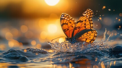 Canvas Print - Butterfly Splashing in Golden Sunset