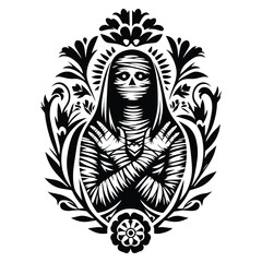 Wall Mural - mummy female with folk art decoration in black and white illustrations, cutout graphic