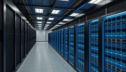 Poster - The image shows a long row of servers in a data center with a blue and black color scheme, bright lights, and a modern design, focusing on big data and AI hardware.