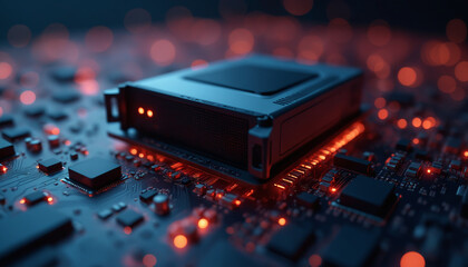 Poster - technology abstract background showcasing a computer motherboard with a cpu on top. the dimly lit sc