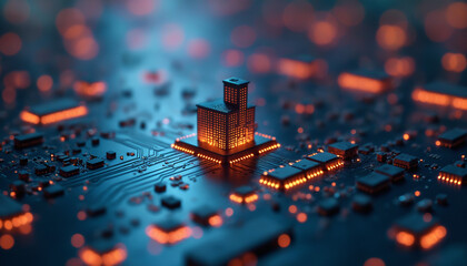 Poster - circuit board with a small building on top. the blurred background and lights create a futuristic te