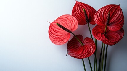 Wall Mural - Vibrant red Anthurium flowers arranged elegantly on a light background.