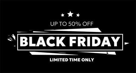 Vector black friday sale illustration with white bold type text on dark background. Flat style sale promotion creative design of black friday logotype with 50% off for discount web site, promo banner