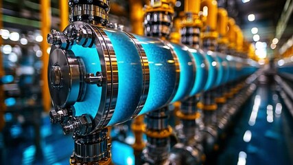Poster - industrial machinery with transparent cylinders showcasing fluid flow in a manufacturing facility