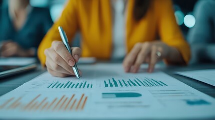 Poster - Close-up of a person analyzing charts and graphs on a document. Focus on data interpretation and business strategy.