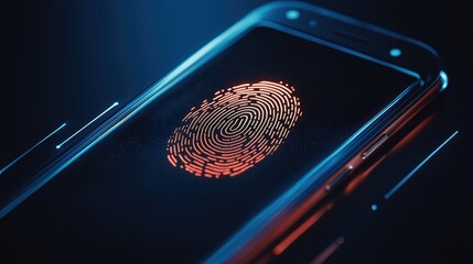 Poster - Close-up of a smartphone displaying a vibrant fingerprint icon on the screen, symbolizing biometric security and technology.